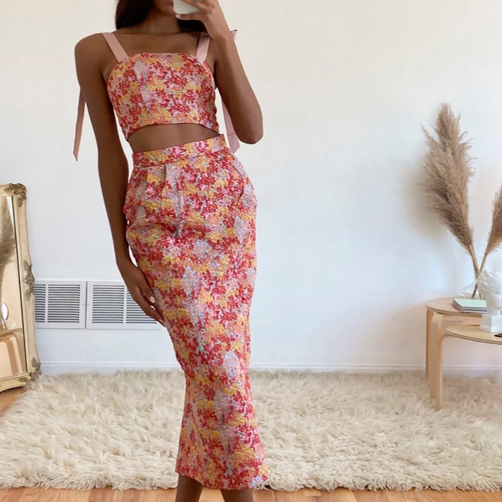 Ellarina Pink Multi Metallic Tie-Strap Two-Piece Midi Dress (NO MORE POUFING!)